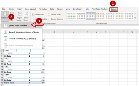 how to remove subtotal in pivot table.